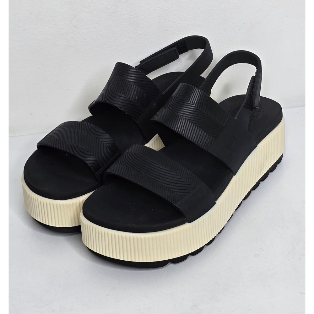 Reef Water Vista Platform Sandals Women 9 Black Cream Chevron Strap Chunky Beach